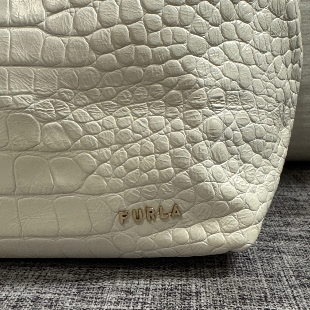 Furla Cream/ White Croc-Embossed Hobo Bag with Furla Dust Bag